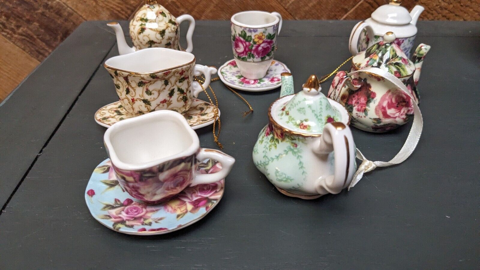 Lot of 7 Assorted Decorative Ceramic Floral Teapot Teacup Ornaments Royal Albert