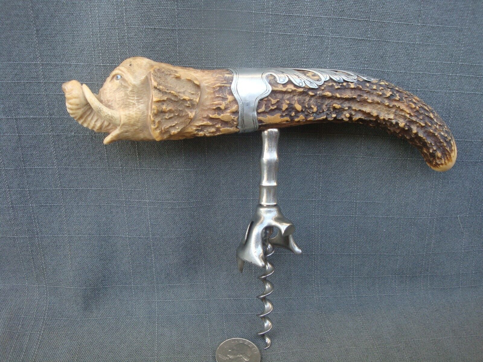 Antique Williamson Carved Antler Corkscrew With Sterling Silver   Walker Patent