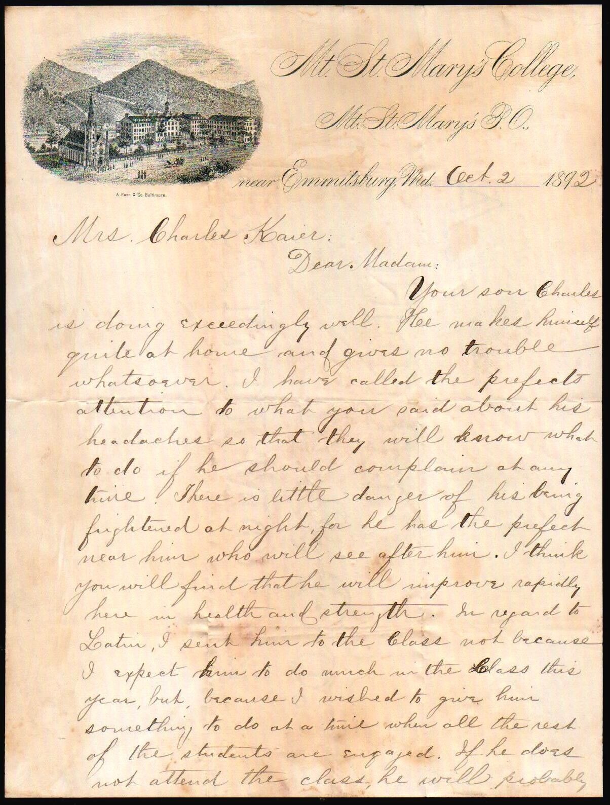1892 Emmitsburg Md - Mt St Marys College - Rare Letter Head Bill