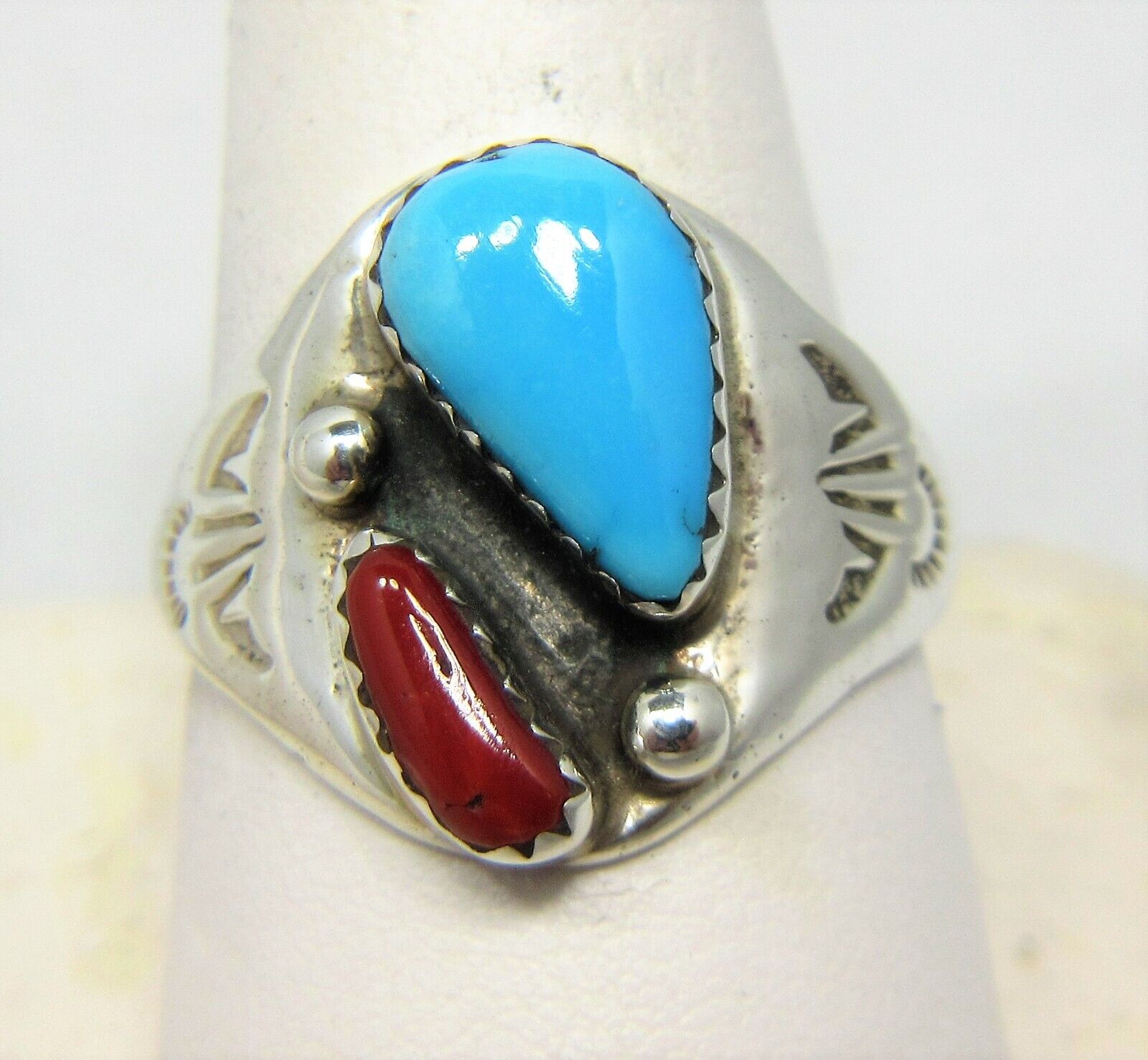 Native American Turquoise Ring Size 11 1/4 Navajo Signed ML Coral Sterling #65