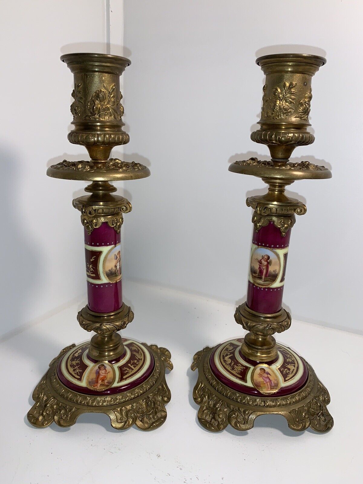 Antique French Sevres Porcelain And Bronze Candle Holder Cherubs