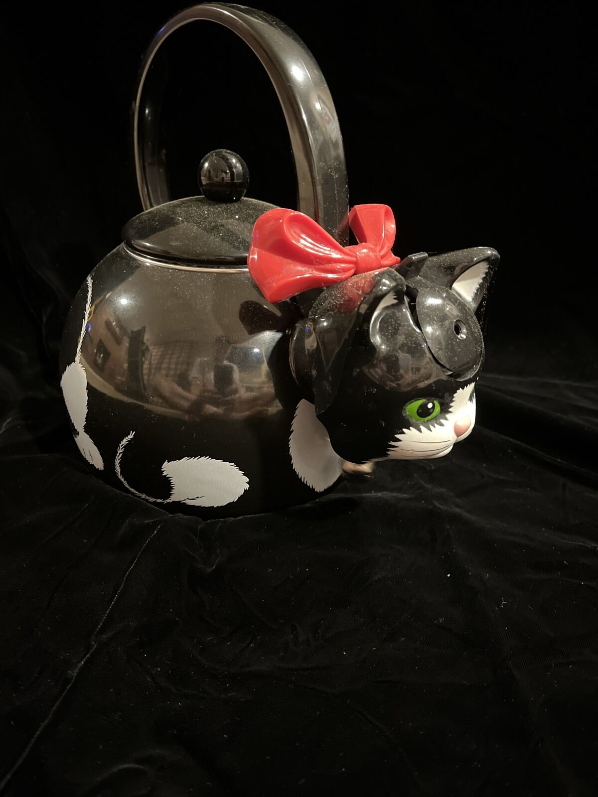 Vintage Via Ancona 1997 Metal Kitty Cat Teapot ~ Cat Whistling Tea Kettle Teapot