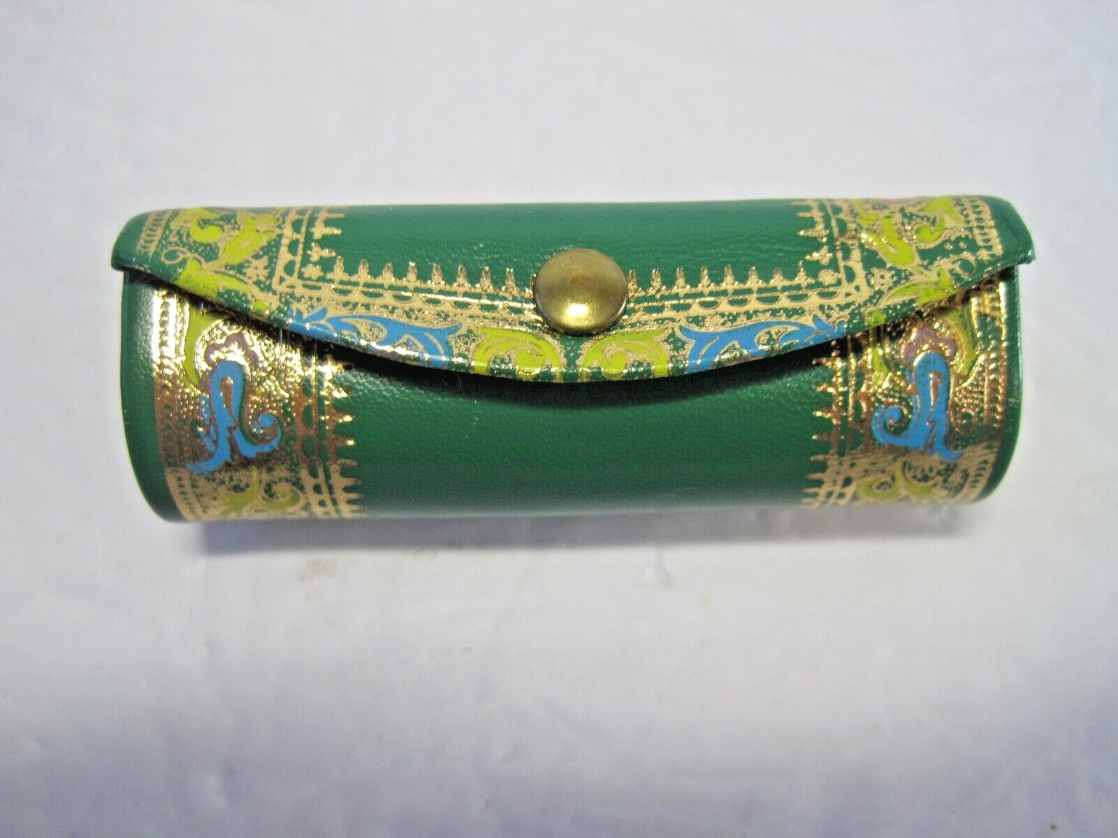 Vintage Fiocchi Italy Leather Lipstick Case Holder Mirror Green Gold Blue Great