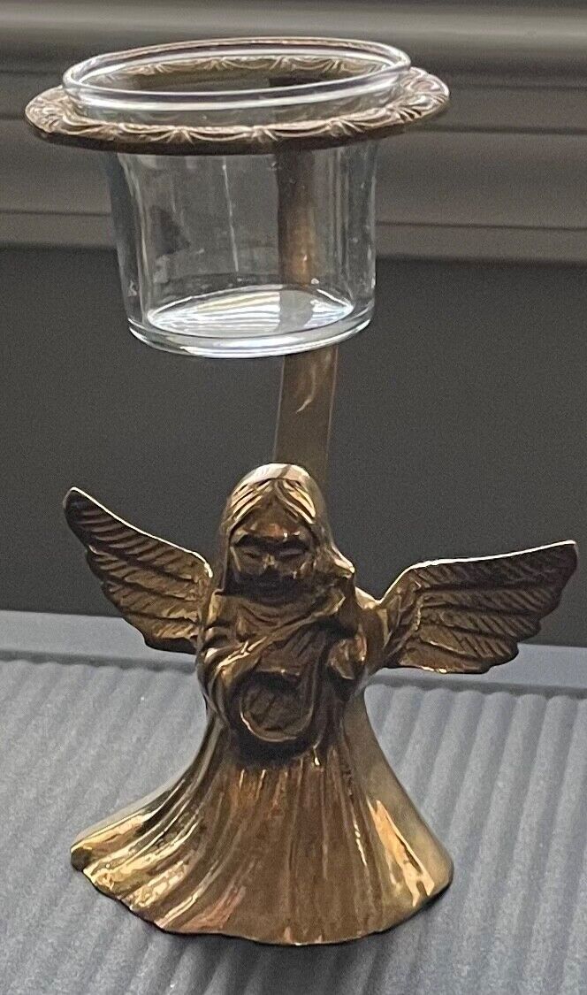 Brass Winged Angel Cherub String Instrument Orb Egg Globe Holder Stand 6\