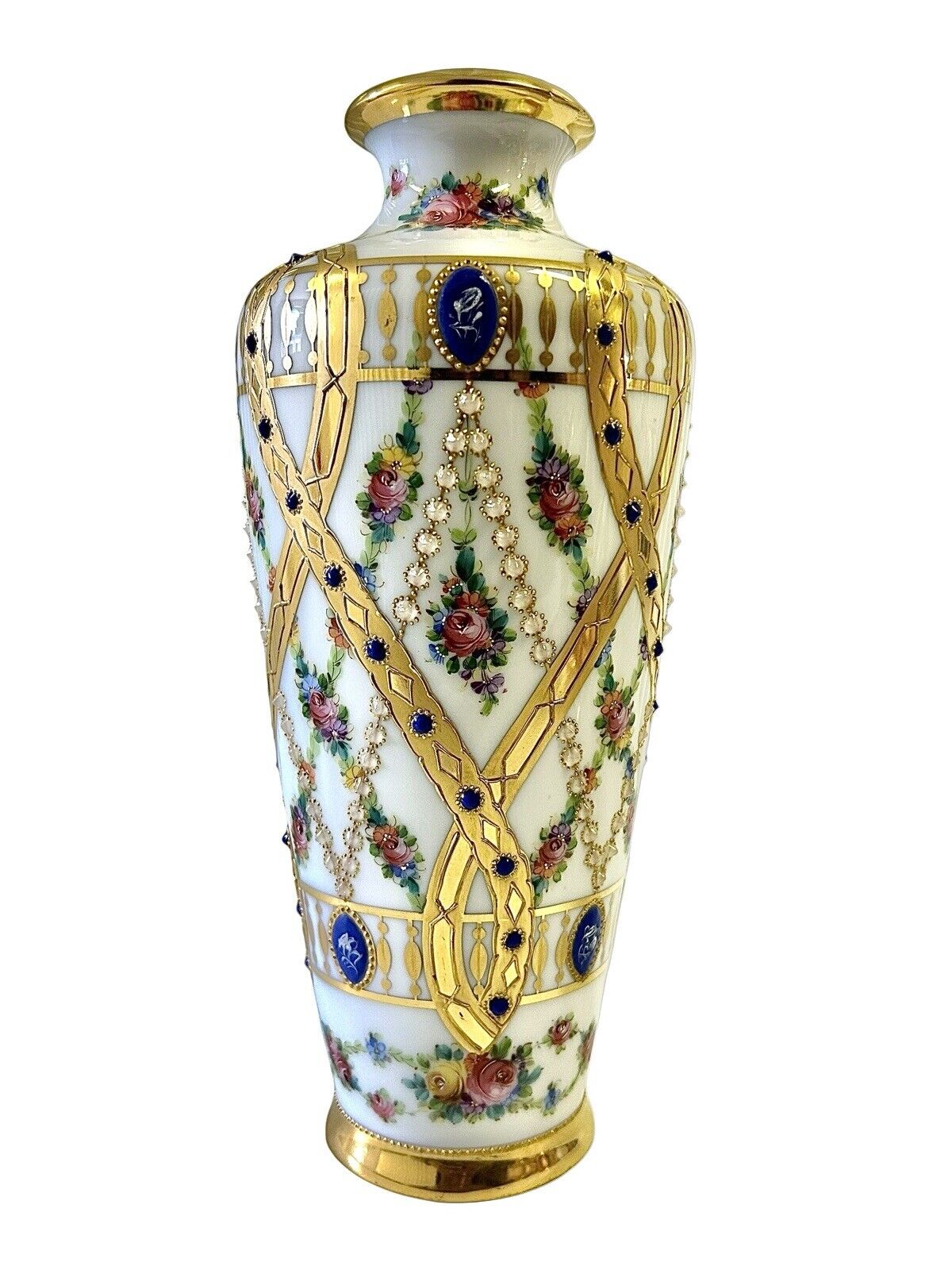 19c Royal Vienna Porcelain Antique Jeweled White Vase