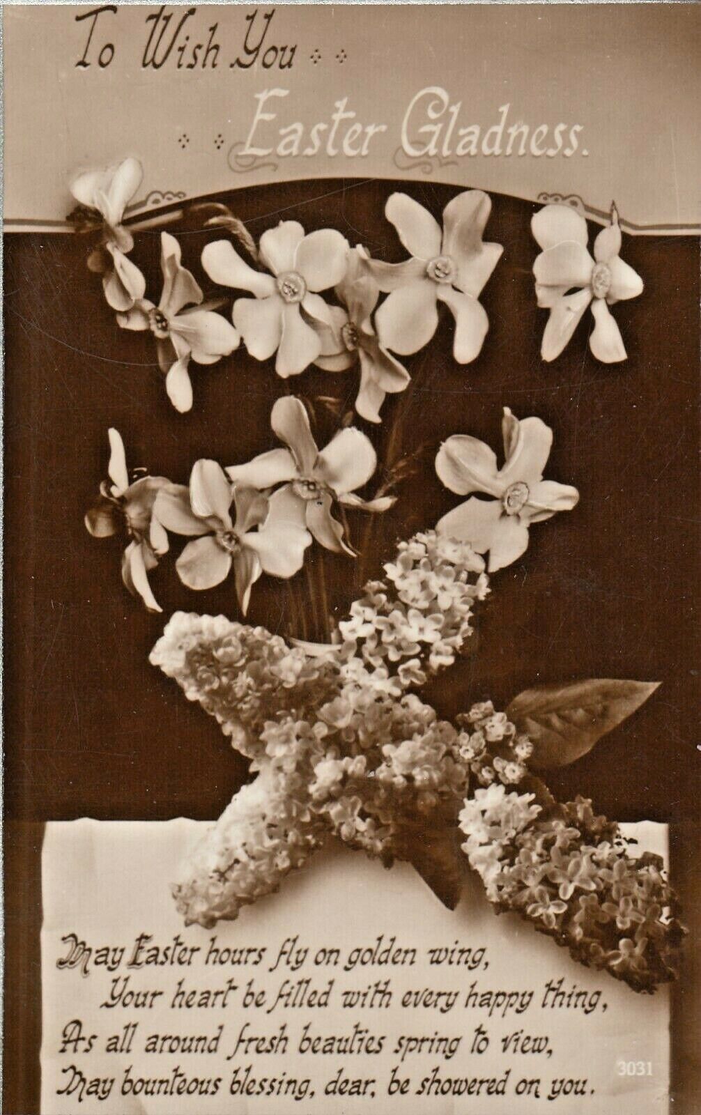 Vintage Easter Postcard  FLOWERED CROSS   RPPC  UNPOSTED EASTER GLADNESS