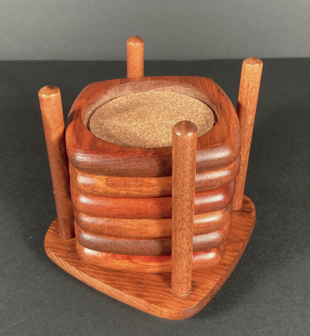 Vintage Wooden Mid Century Modern Teak Wood & Cork 6 Coaster Set with Holder EUC