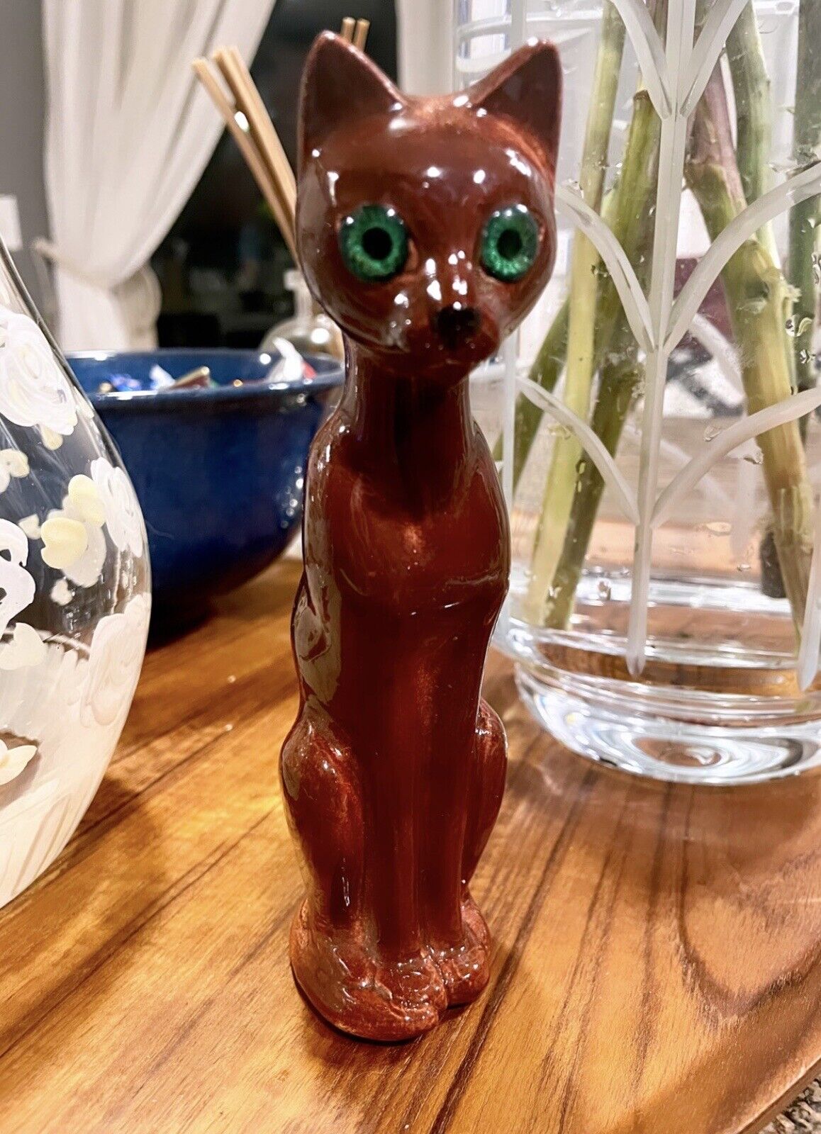 Rare MCM Vintage Slender Cat Figurine with Large Green Gem Eyes | Perfection |6”