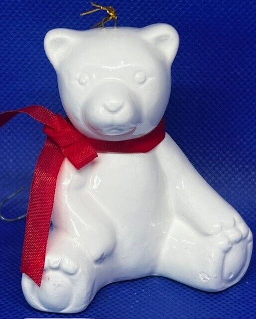Vintage Cost Plus White Christmas Bear with red Ribbon Ornament