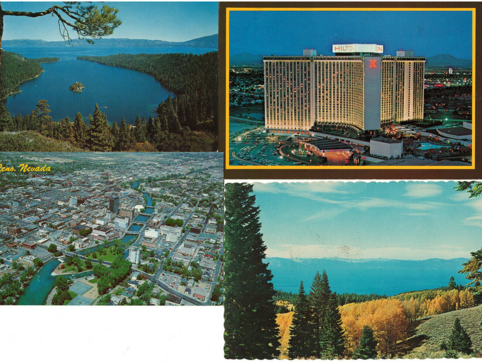 4 Vintage 1980s Nevada Postcard NV Hilton Las Vegas Reno Lake Tahoe Aerial