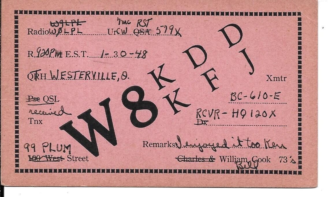 QSL 1948 Westerville Ohio   radio card