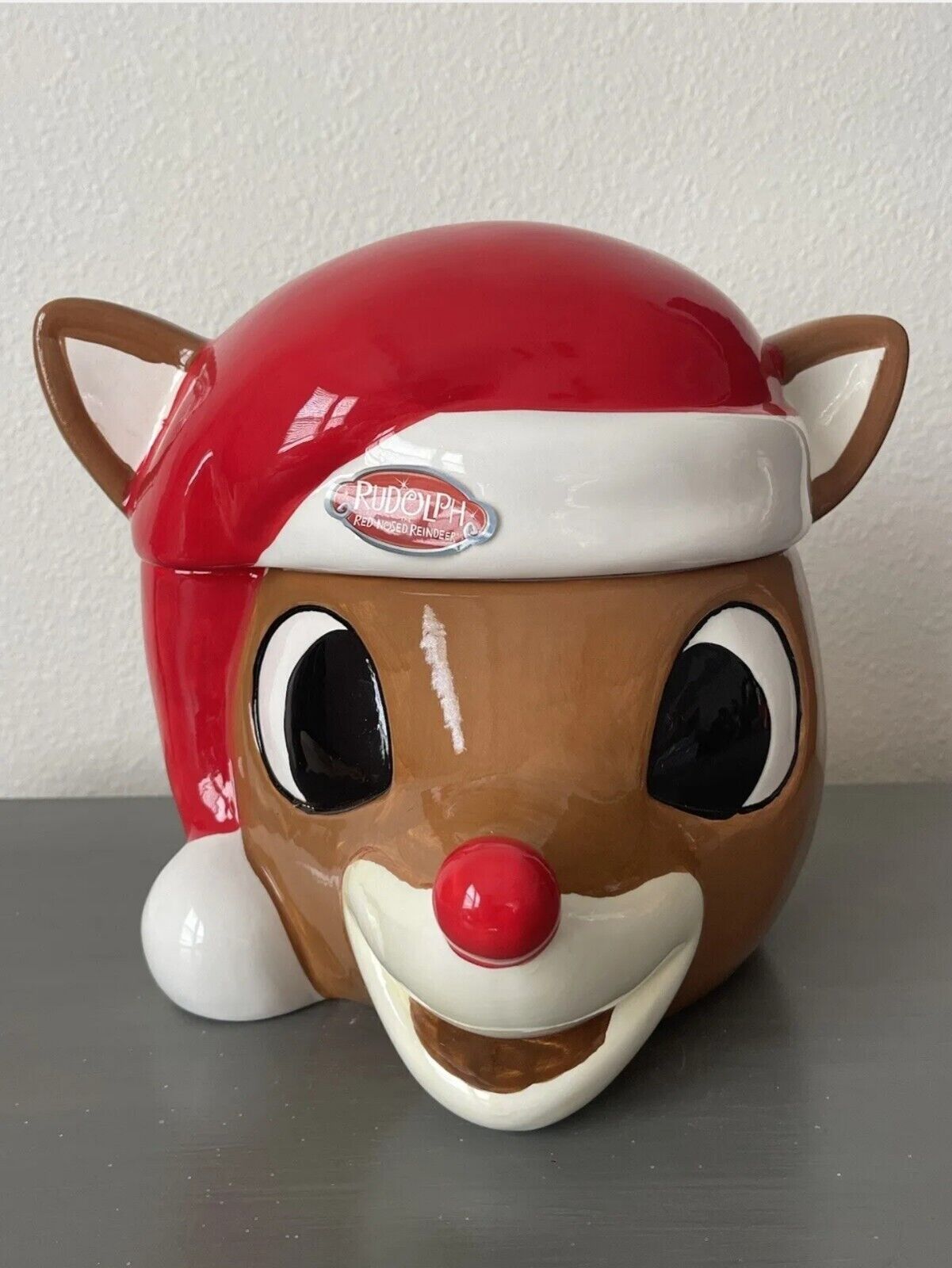 Rudolph The Red Nose Reindeer Cookie Jar Canister Santa Hat Christmas New