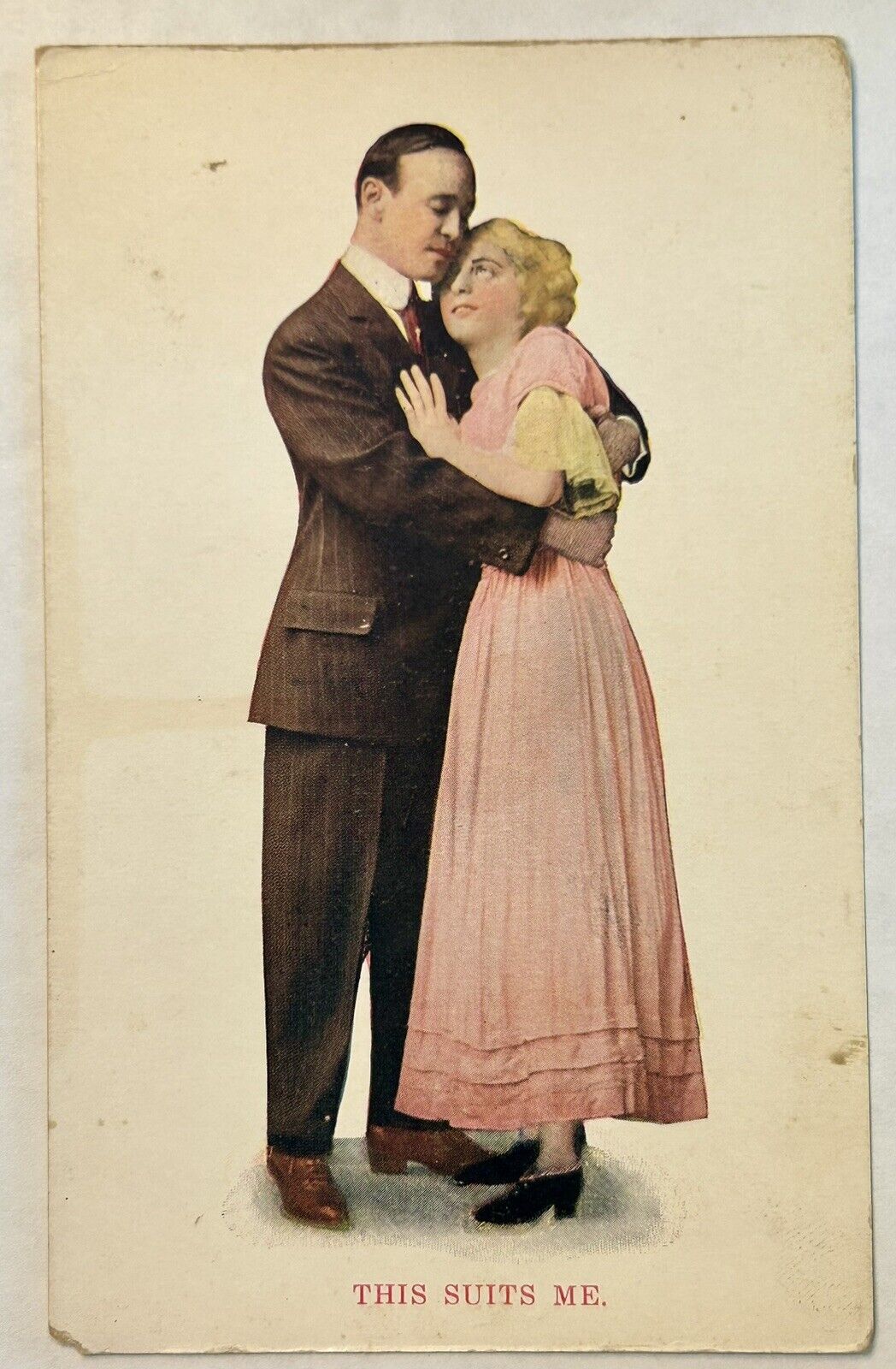This Suits Me.  Couple Embracing. Vintage Love Romance Postcard. Early 1900s.