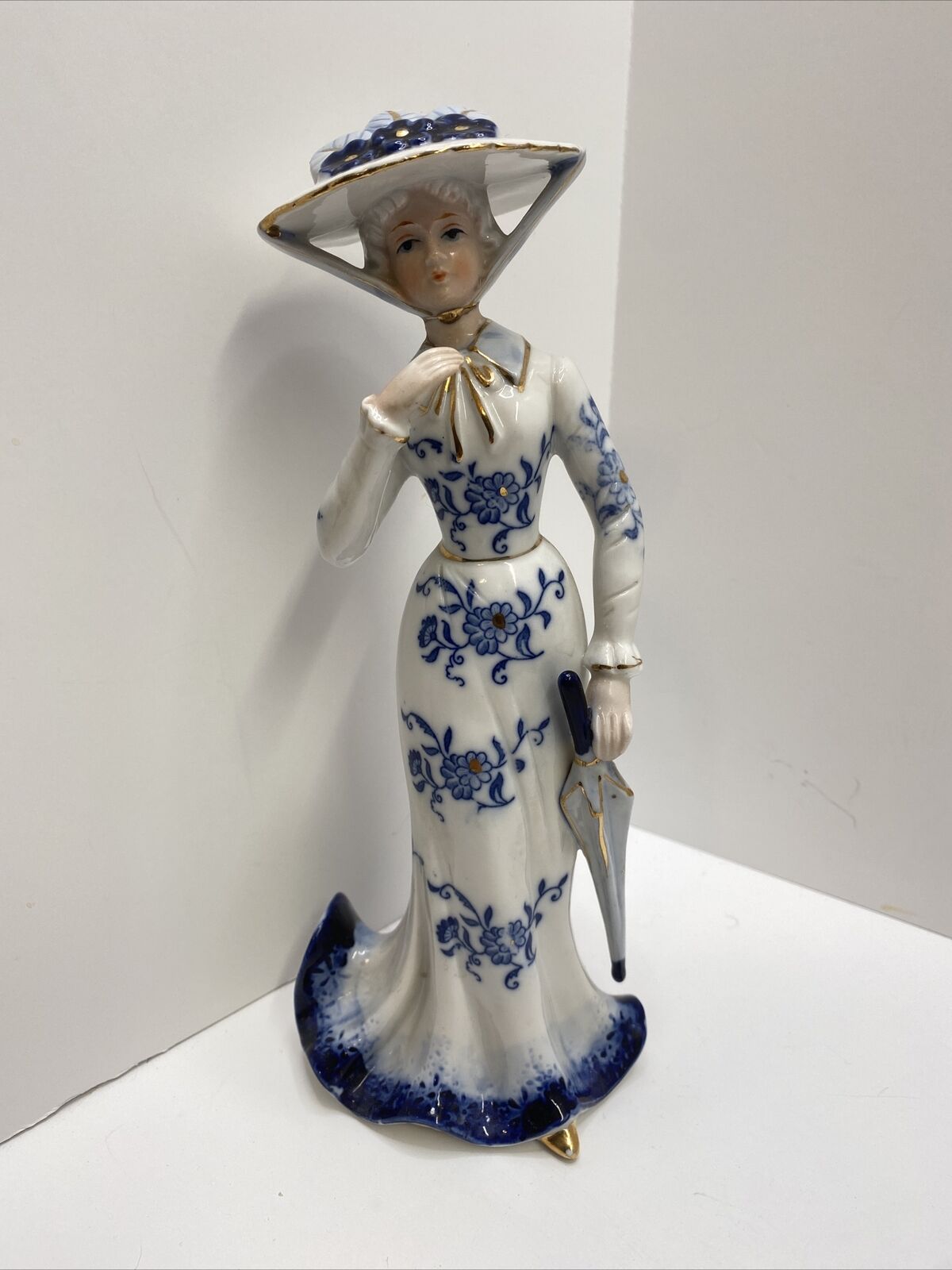 Vtg Arnart Figurine Lady in Blue Edwardian Woman Ceramic Figurine Umbrella Hat.