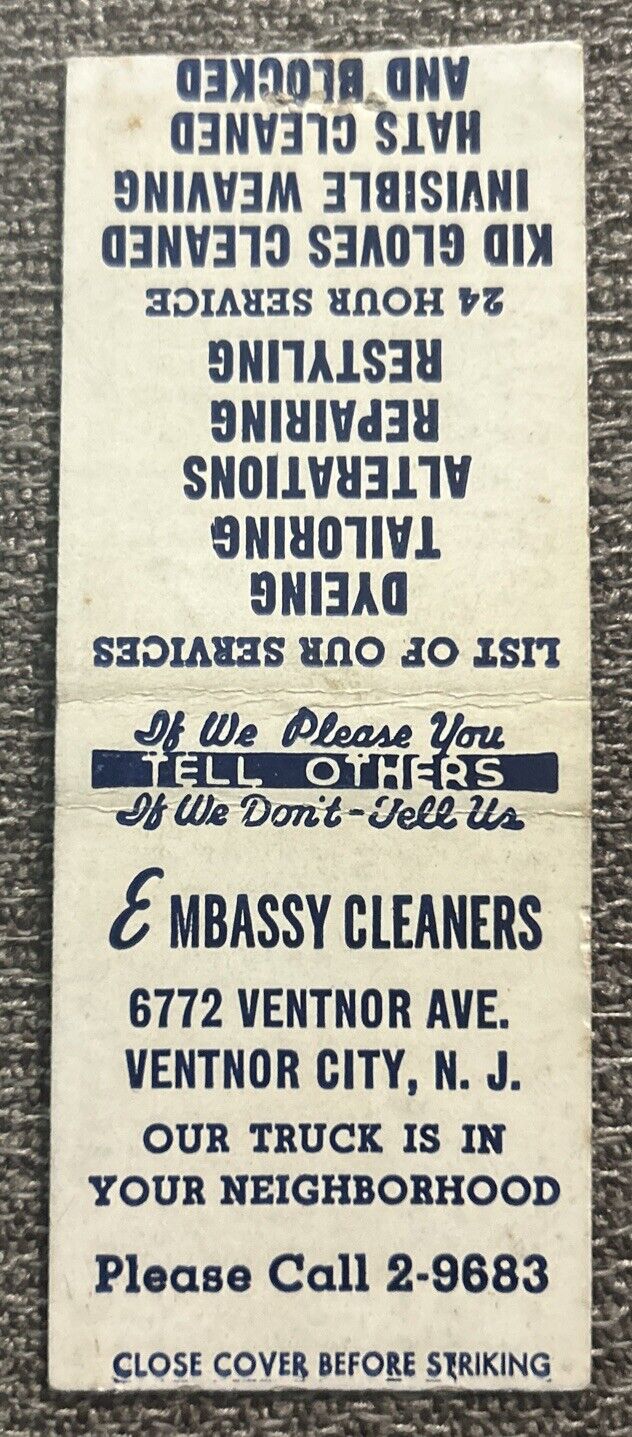 Vintage EMBASSY CLEANERS Matchbook Cover, Ventnor Ave. Ventnor City, N.J.