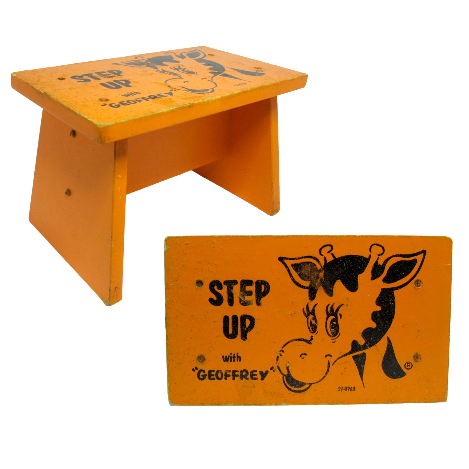 Vintage 80\'s Toys R Us Geoffrey Giraffe Step Up Wood Kids Step Stool Orange RARE