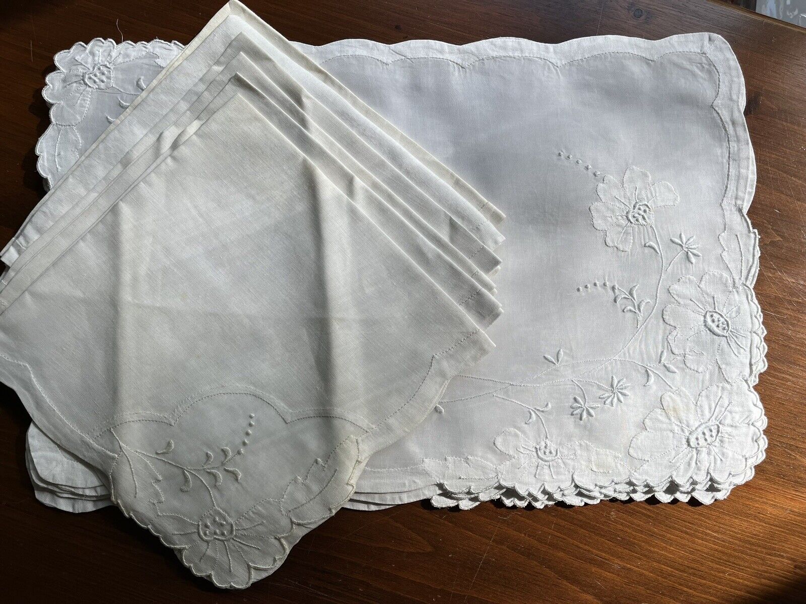 Vintage Set Of Six  Linen And Organza Madeira Embroidered Placemats And Napkins