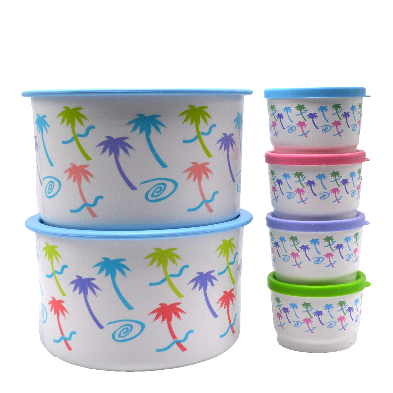 Tupperware Two Canisters and Four Snack Cups Set with Palm Trees