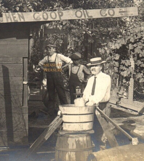 C.1900 RPPC HEN COOP OIL CO, WELL, BARRELS, WARREN PA? BARGER PHOTO Postcard PS