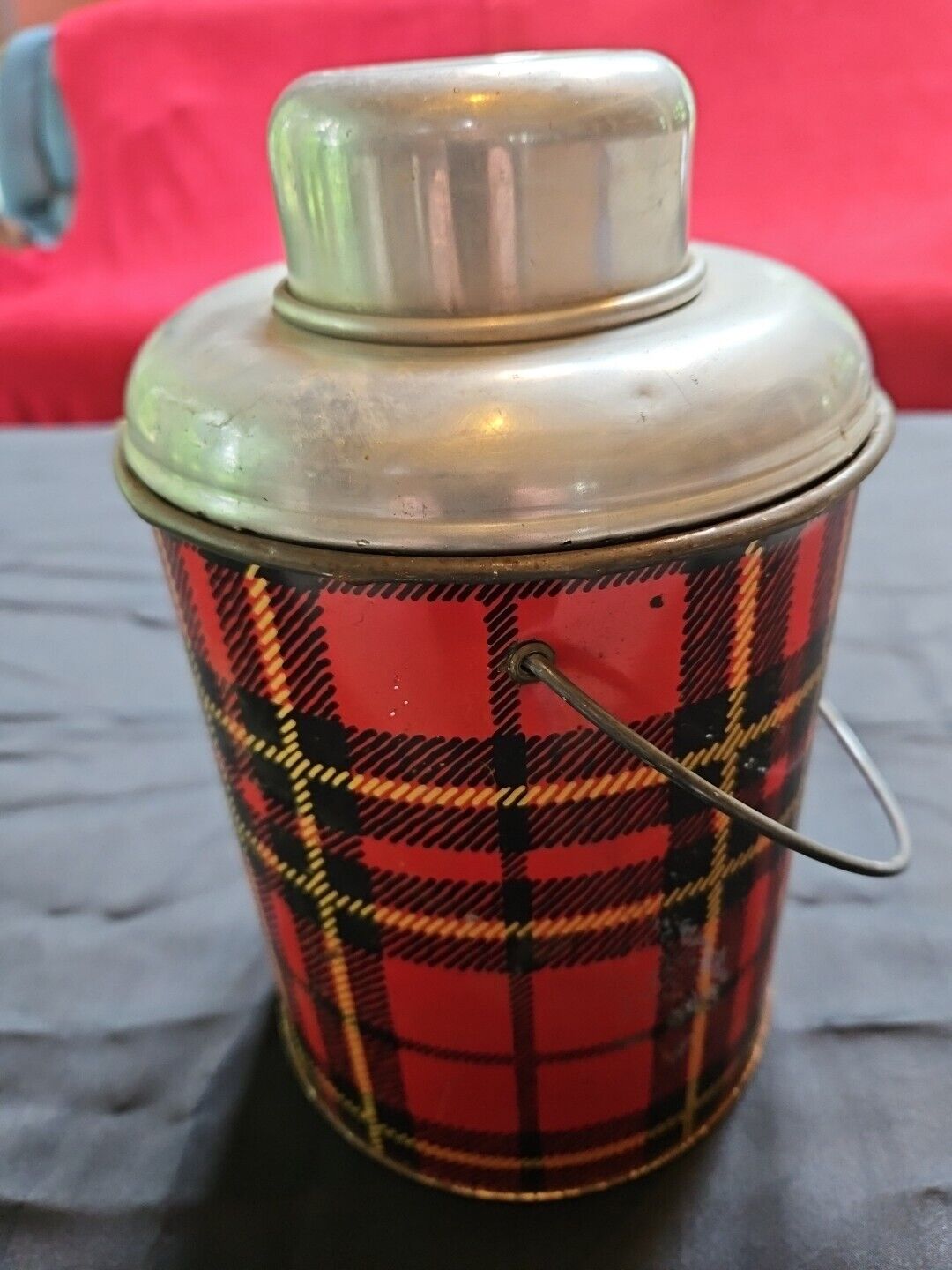 FARIS RED, YELLOW, AND BLACK PLAID HALF GALLON THERMOS GLASS INSIDE INSULATED