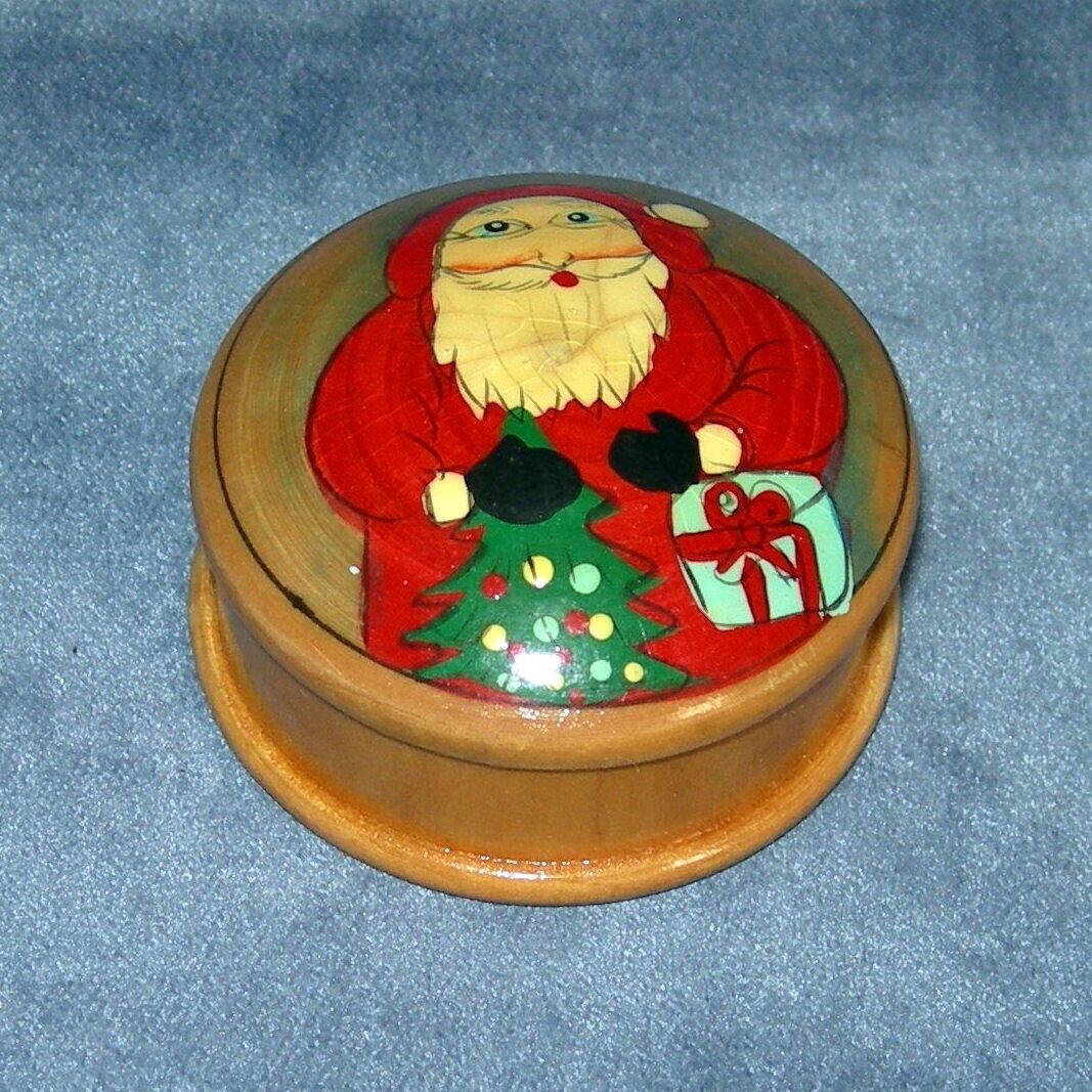 Vtg Russian Santa Jewelry Trinket Box Lacquer Hand Painted Christmas Small Wood