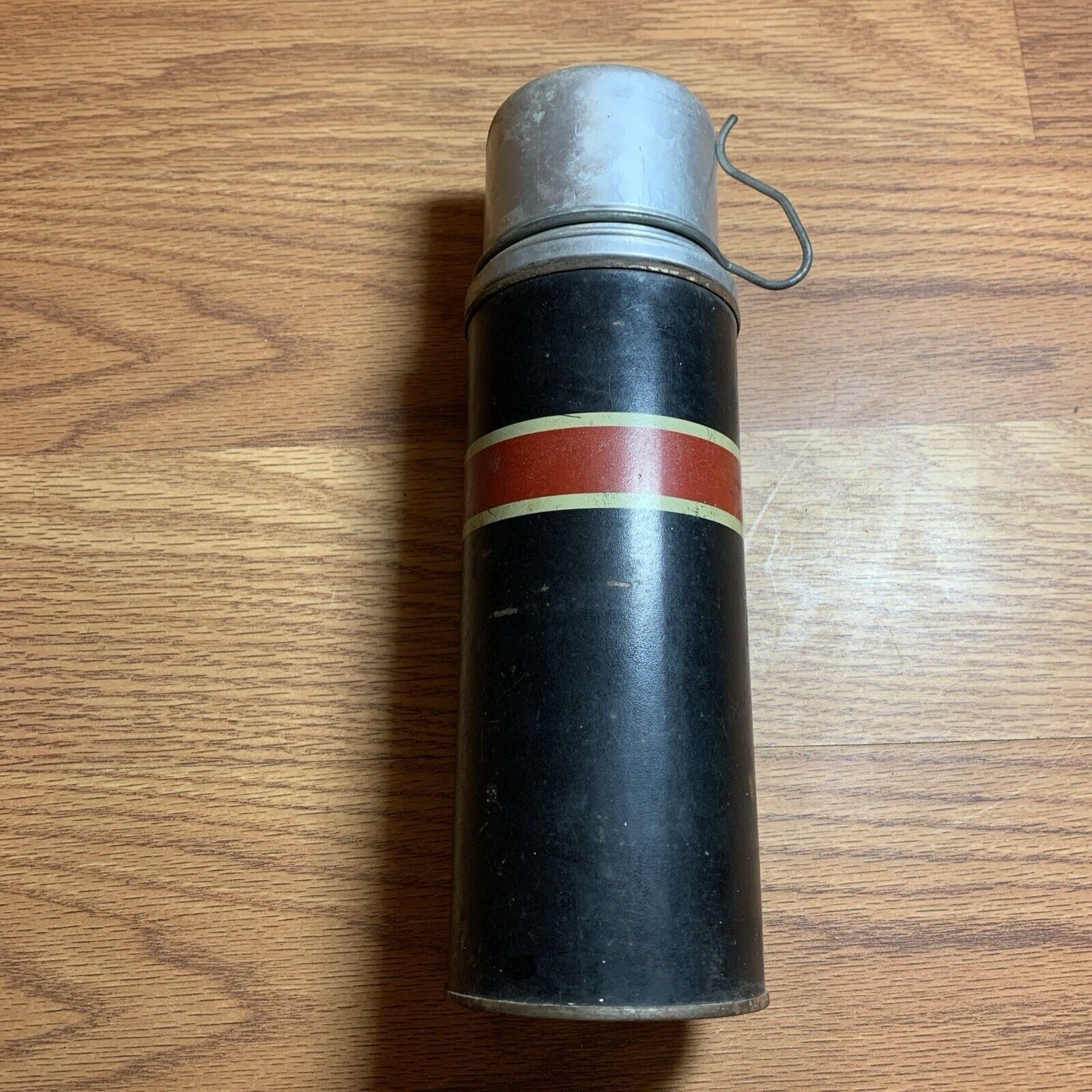 Vintage Thermos Bottle 7 1/2 Blk with Red Stripe Cork Stopper & cup Made USA