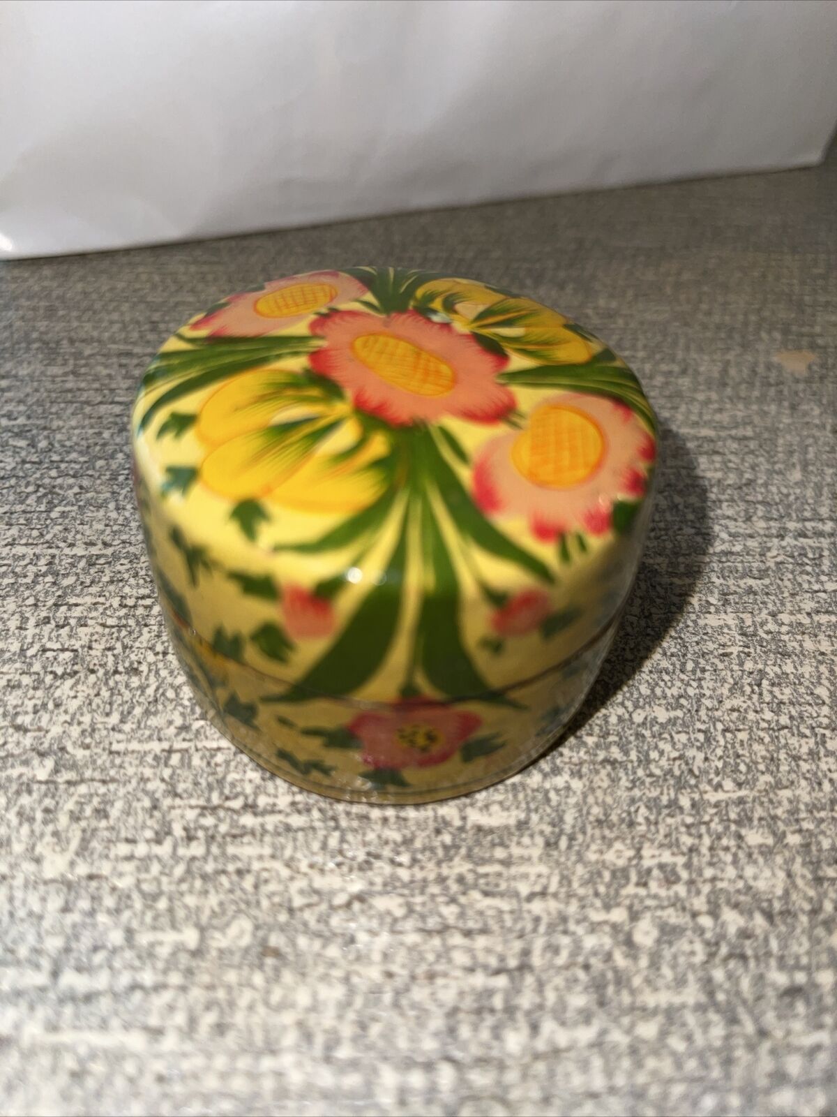 Vintage Paper-mache Lacquered Trinket Box Handmade Handpainted Notched Floral