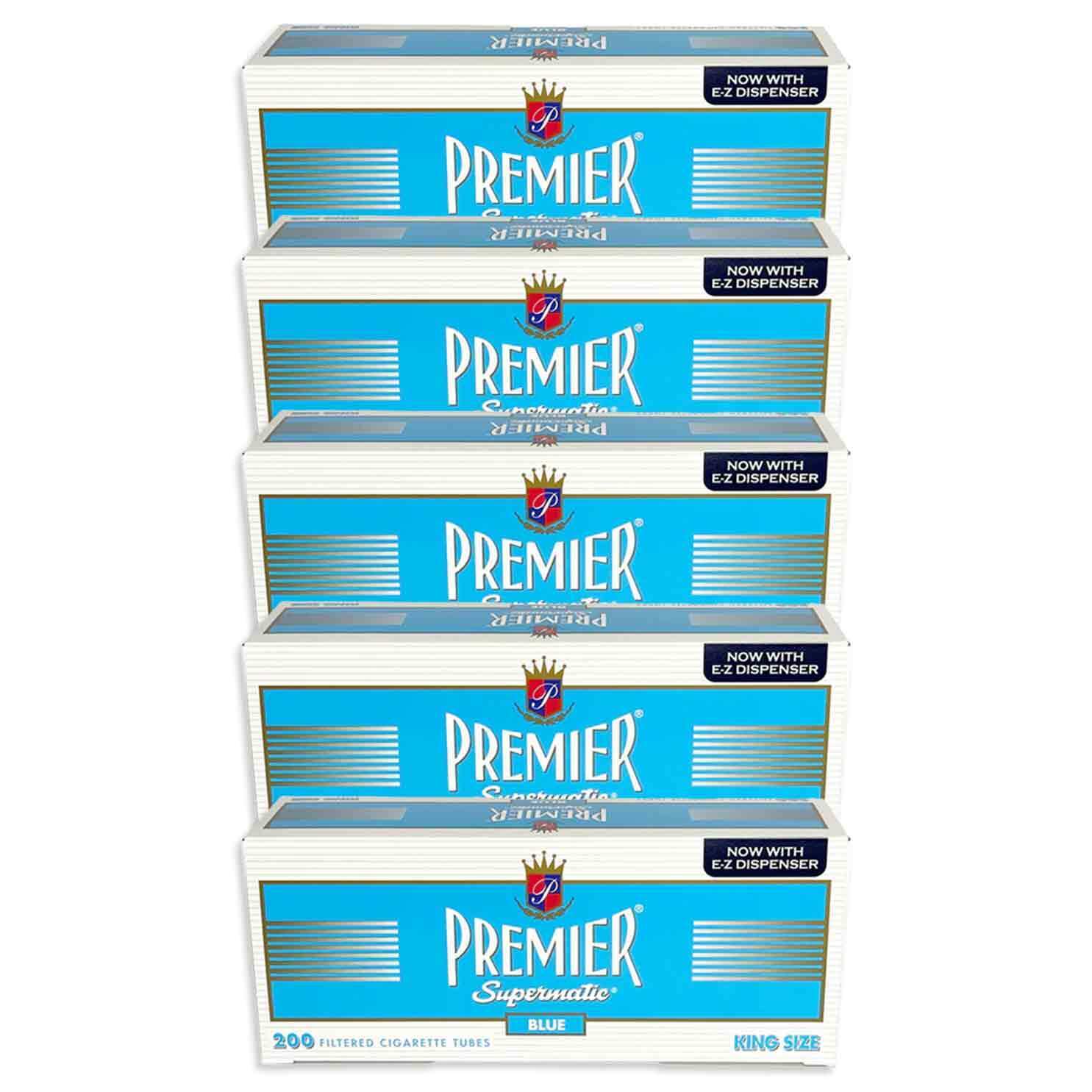 PREMIER Blue (Light) Cigarette Tubes - King Size Filter Tubes, 5 Boxes, 200 Each