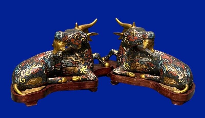 Vintage (Antique ??)  Chinese Cloisonne Enamel Resting Deer Mirror Pair