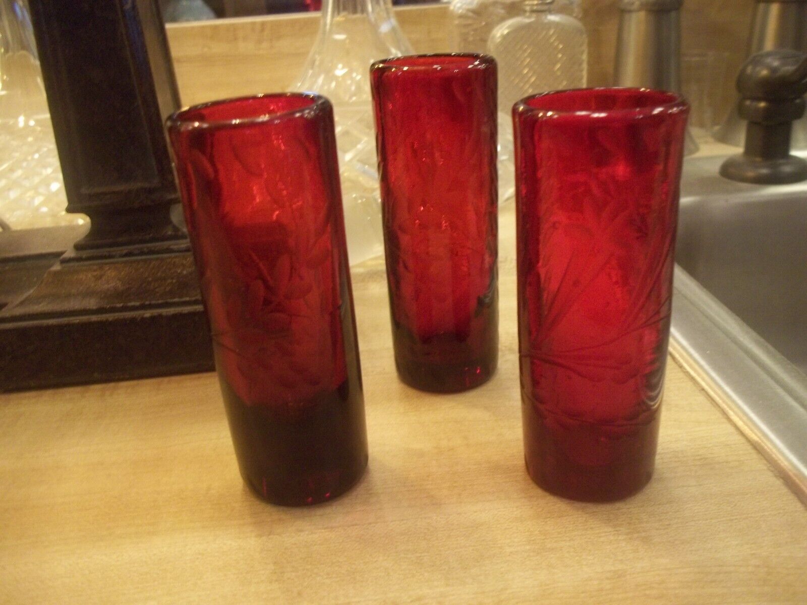 Ruby Red Hand Blown Vtg Tall Skinny Double Shot Cut Glass Set