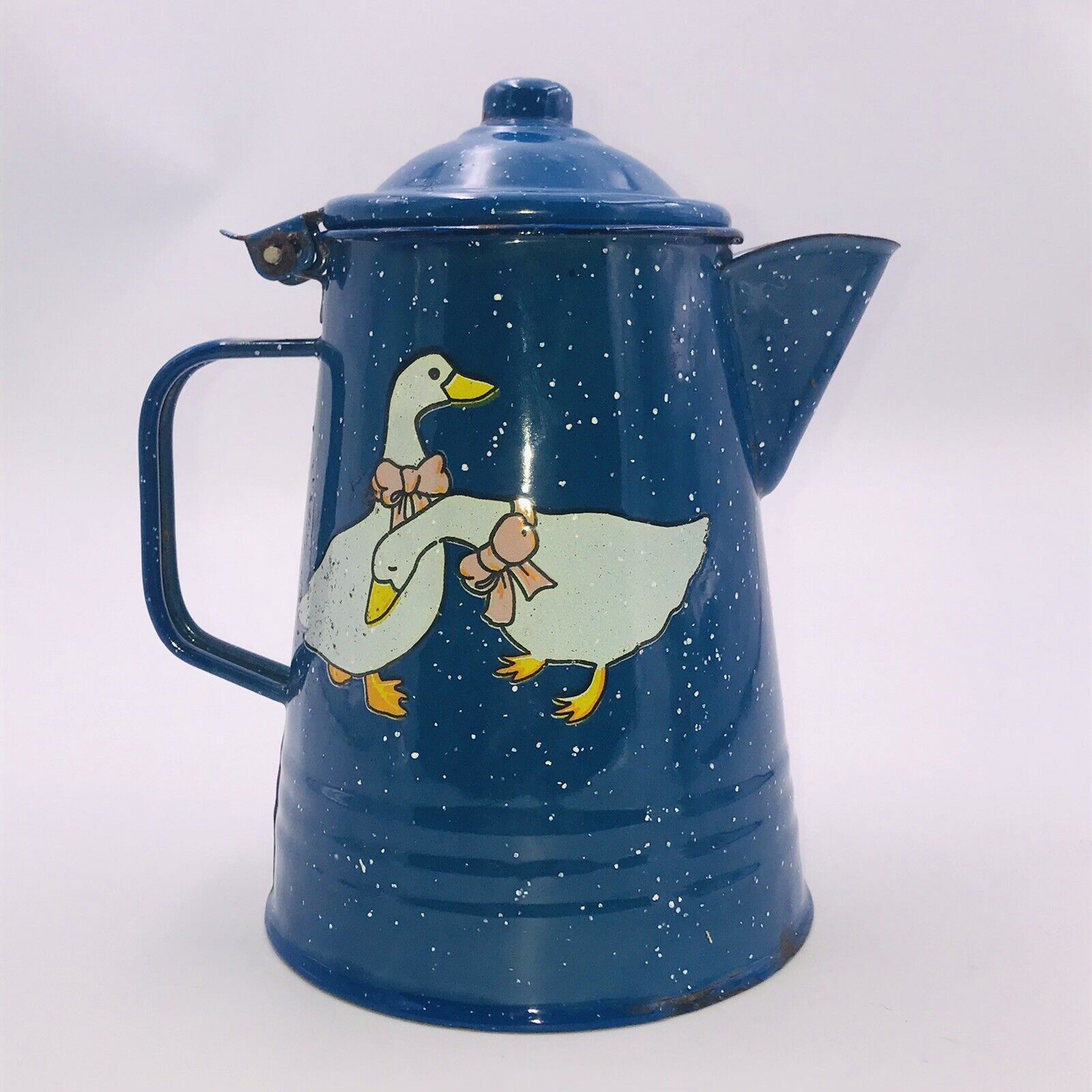 Vintage Ducks Blue Speckled Enamel Coffee Pot 9\