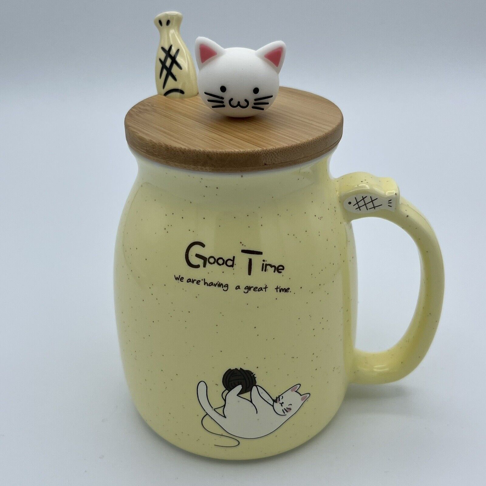 Ceramic Cat Coffee Mug Wood Lid W/ Fish Stainless Spoon Cat Lover Christmas Gift