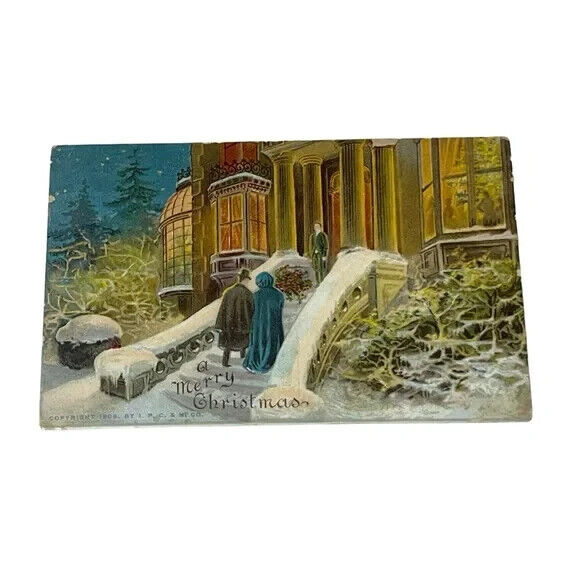 Postcard A Merry Christmas Couple on Snowy Doorstep c1906 Vintage JA