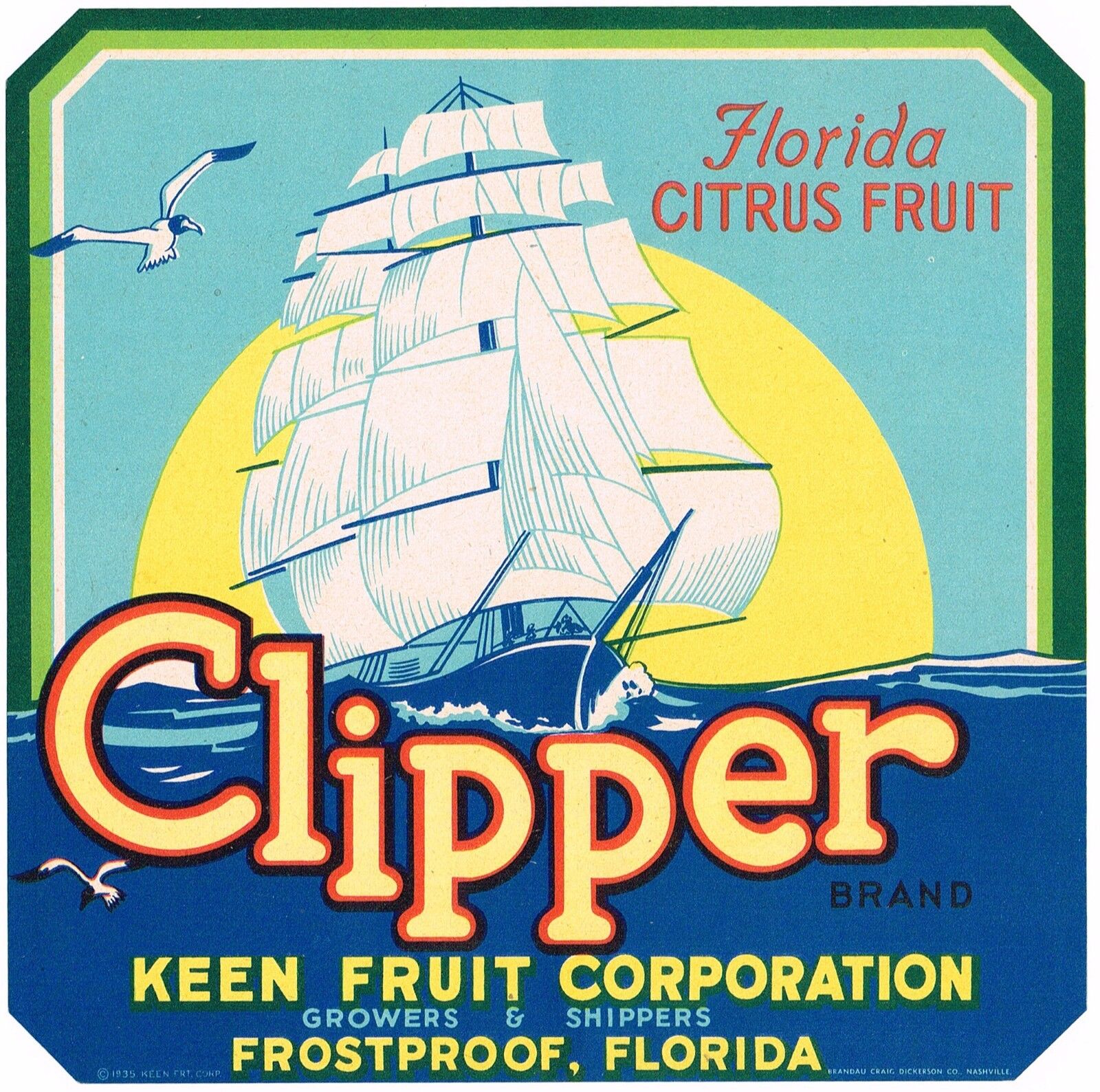 GENUINE CLIPPER CRATE LABEL FLORIDA FROSTPROOF SHIP VINTAGE SAILING 1930S 