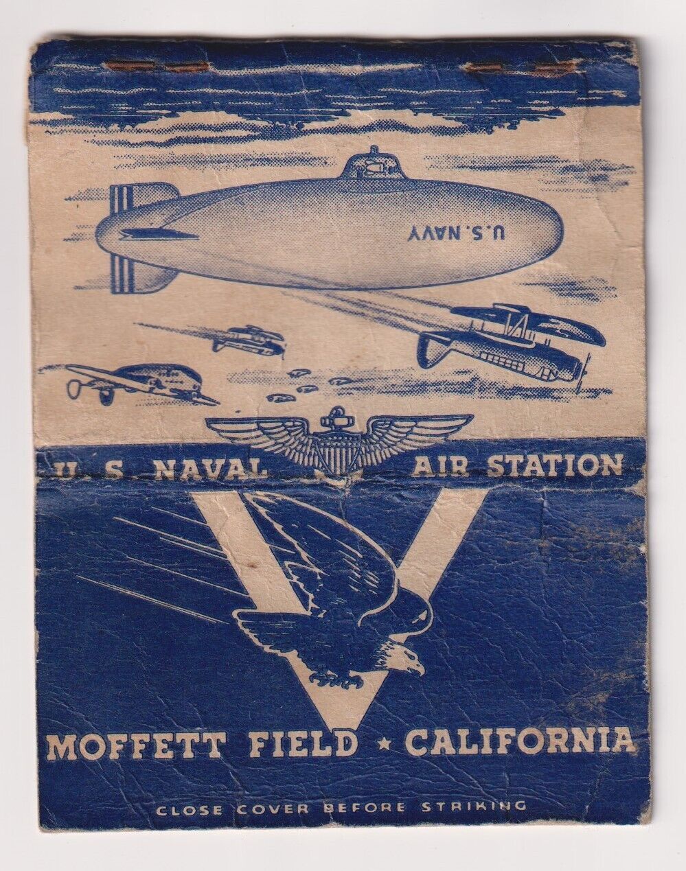Vtg Matchbook/Postcard US Naval Air Station Moffett Field California Dirigible