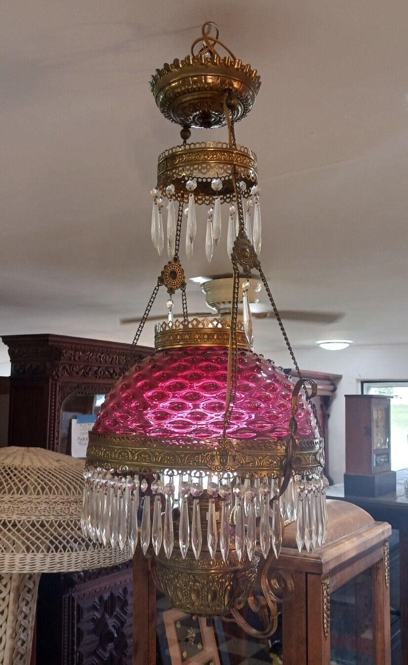 SUPERB Antique Ornate Brass Hanging Parlor Library Lamp Hobnail Cranberry 