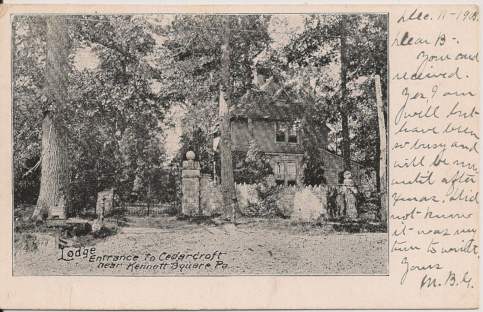 Lodge Entrance to Cedarcroft Near Kennett Square PA Postcard 1905