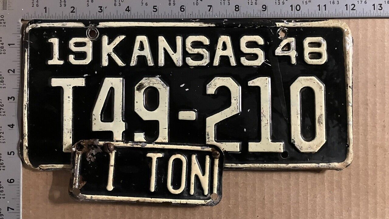 1948 Kansas 1 ton truck license plate T49-210 YOM DMV with original TAB 13204
