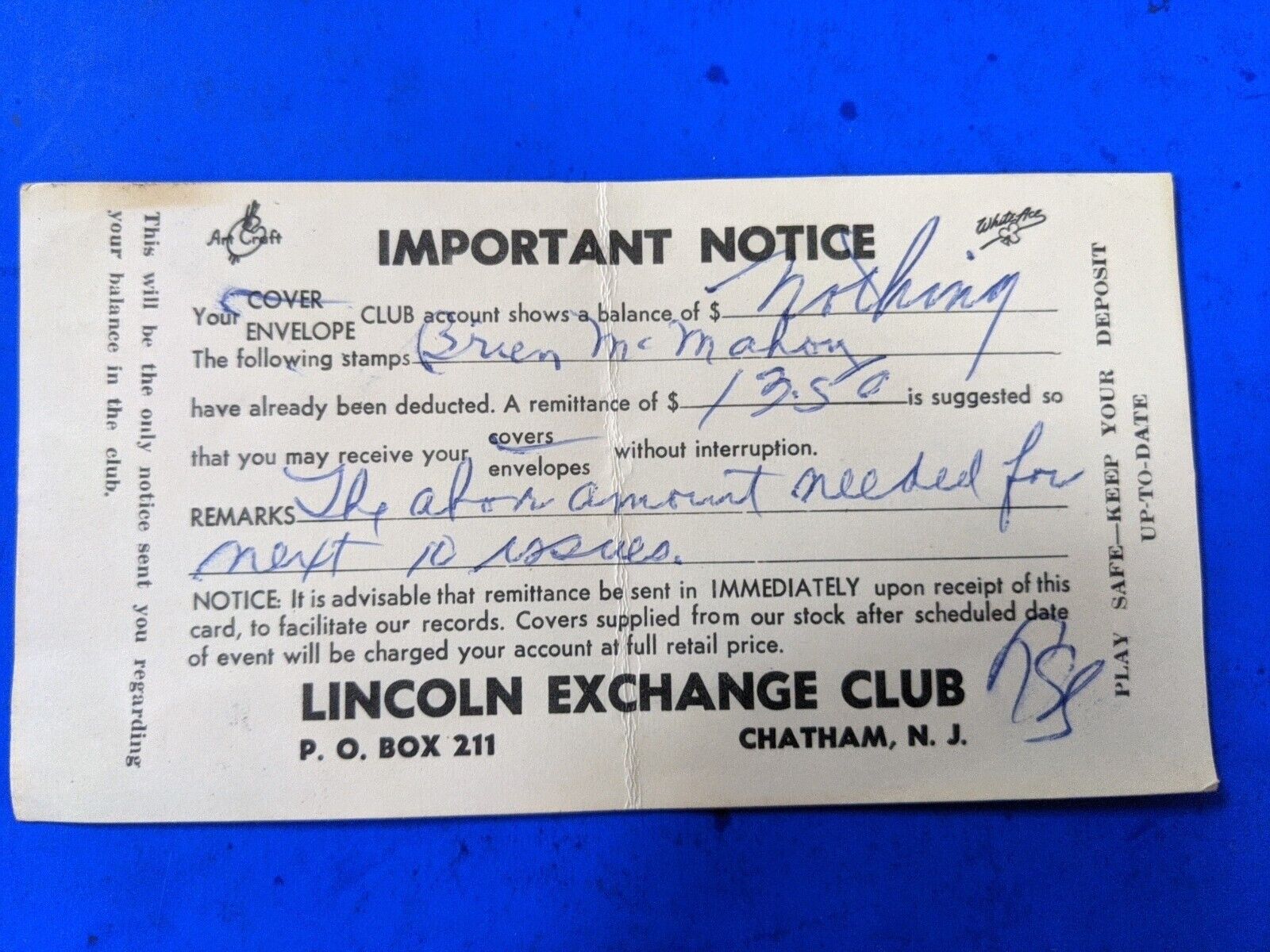 Lincoln Exchange Club Chatham NJ Postcard Size Important Notice