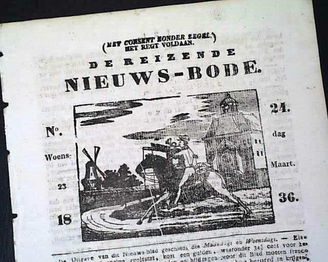 Rare AMSTERDAM Netherlands Dutch 1836 Old Newspaper w/ Trumpeting News Boy PRINT