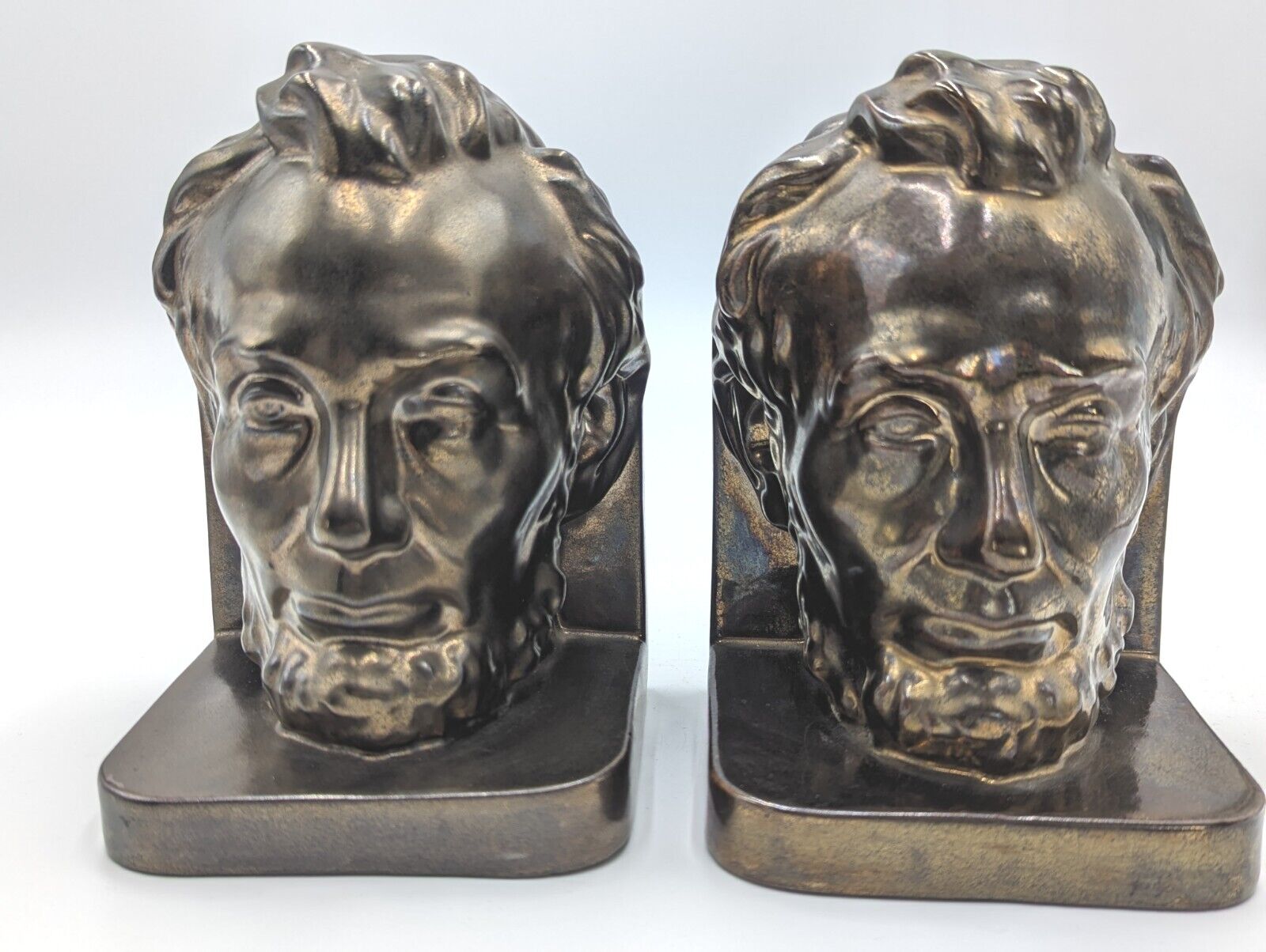 Vintage Abe Lincoln Bookends Ceramic Painted Shiny Bronze  Large Face Set Of 2