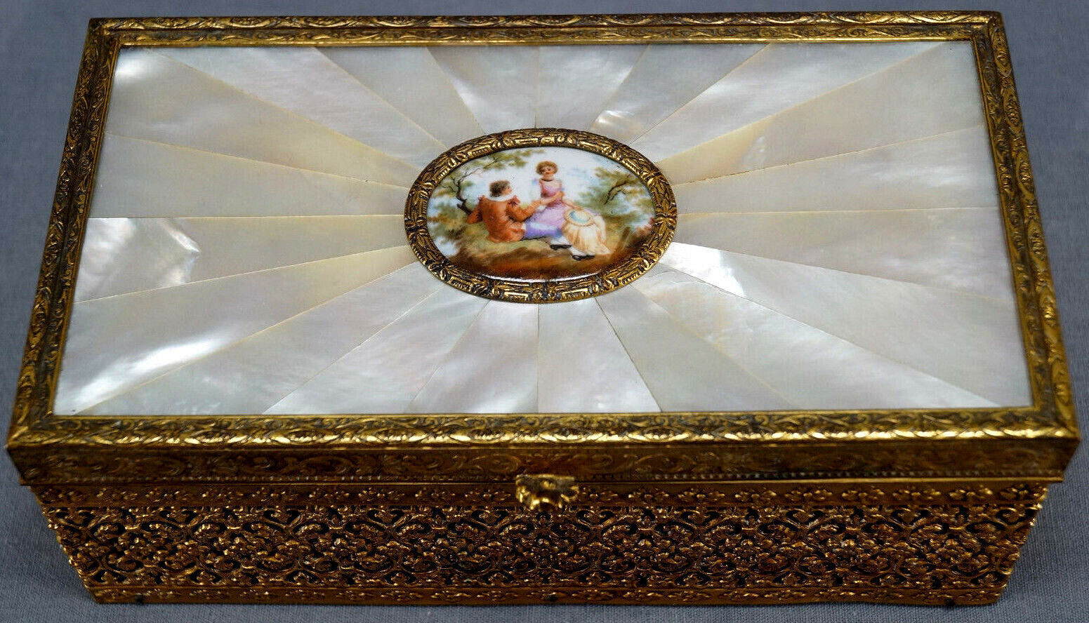 Large French Ovington Bros Porcelain & Mother of Pearl Bronze Gilt Trinket Box