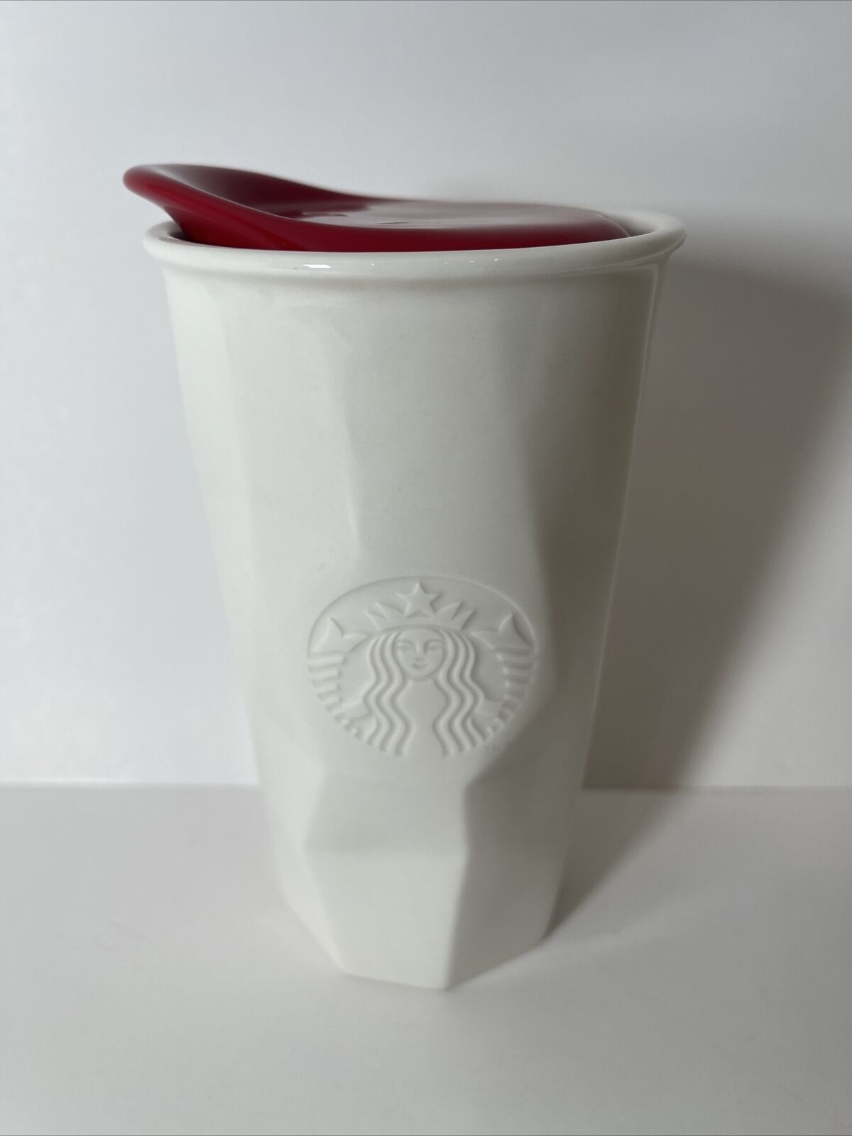 Starbucks Ceramic White Mug Tumbler 10 oz Red Lid 2013 Travel Mug