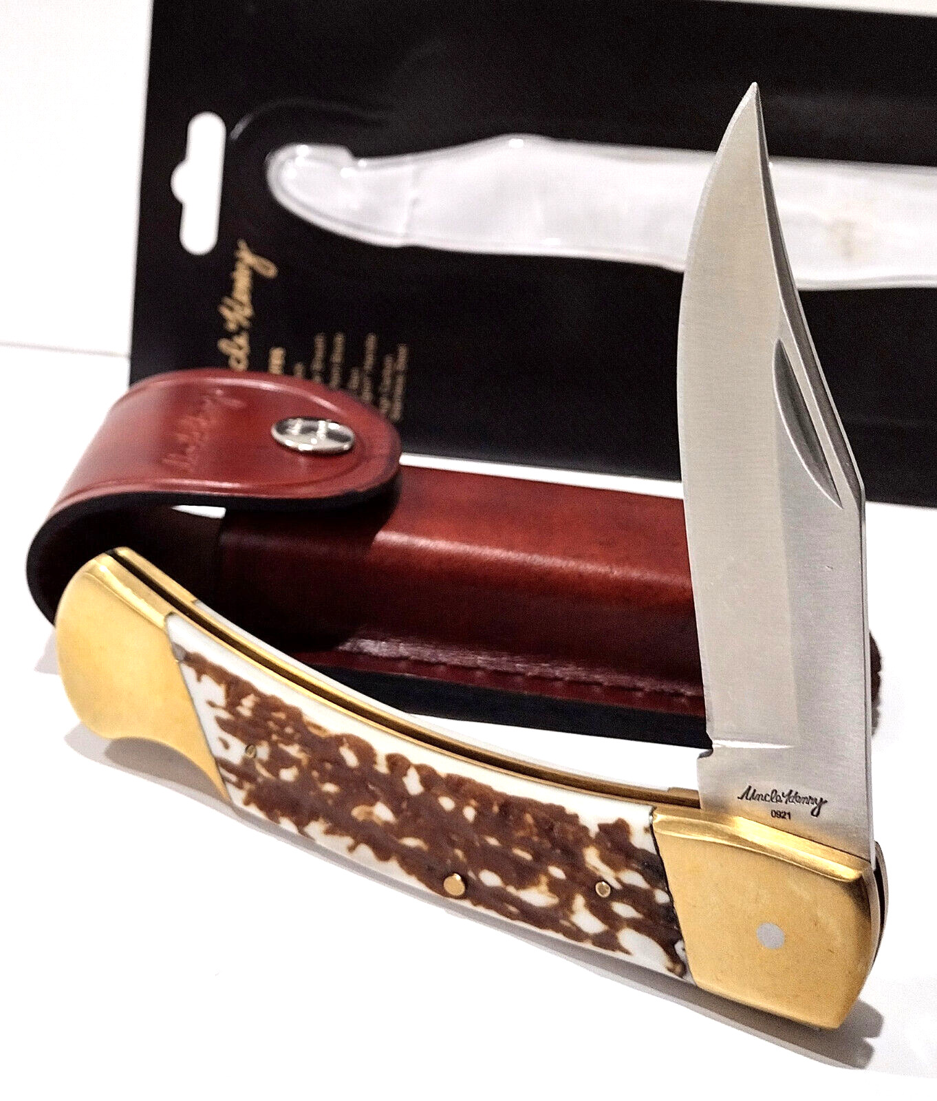 Schrade Uncle Henry PAPA BEAR Lockback Skinning Knife + Leather Belt Sheath