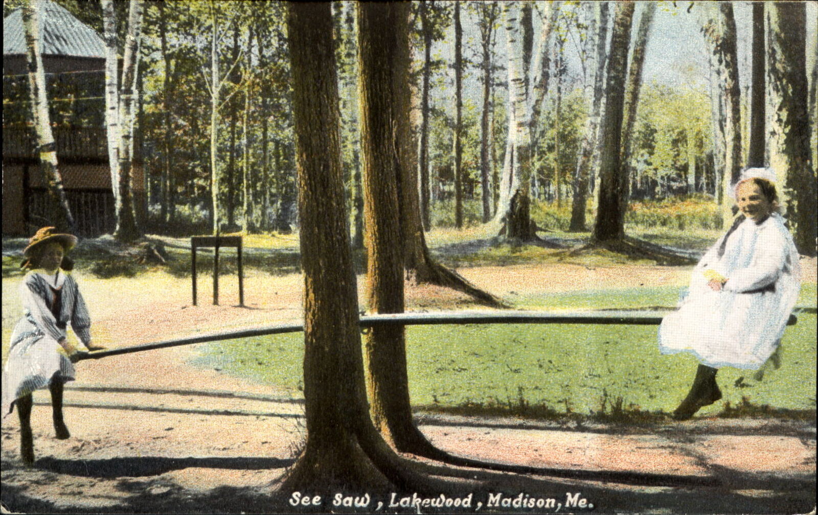 Victorian girls riding See Saw ~ Lakewood ~ Madison Maine ~ c1910 postcard