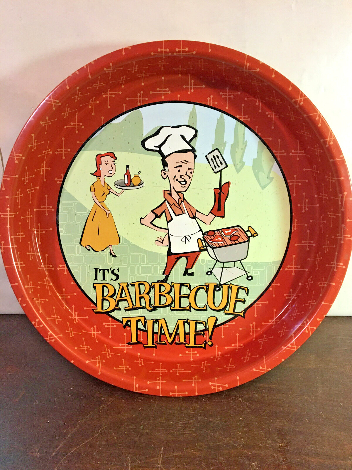 Retro Barbecue Time Metal  14” Round Serving Tray