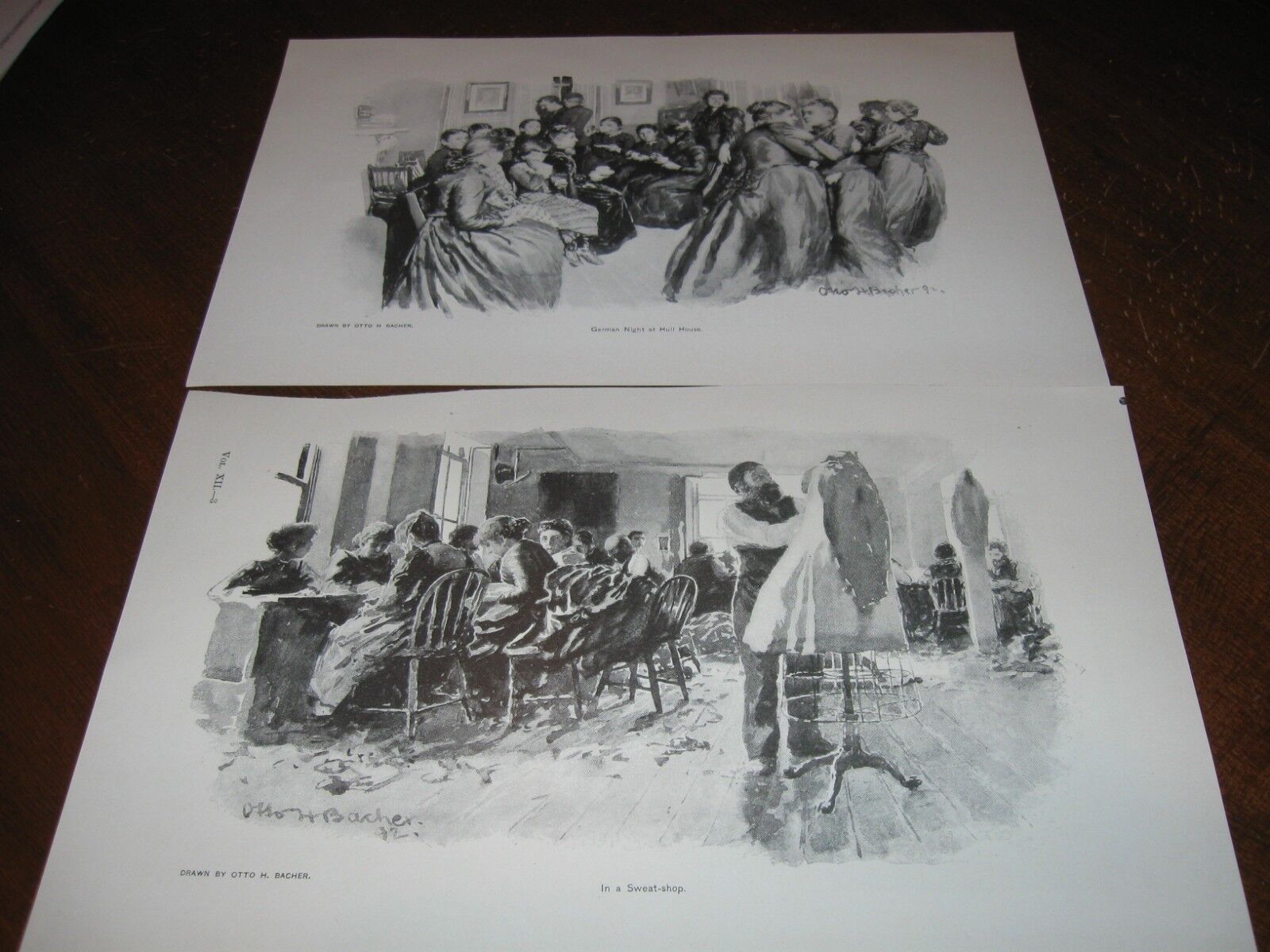 (2) 1892 Art Print ENGRAVING - CHICAGO POOR Hull House GERMAN NIGHT Sweatshop 