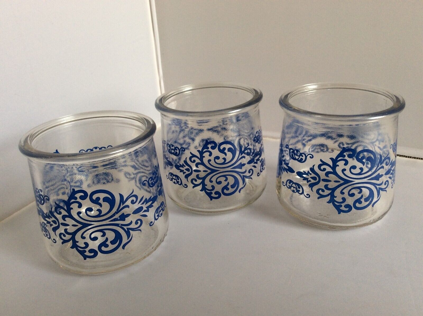 3 Vintage OUI Yogurt Jars Rare Blue Swirl Design Perfect Cond.