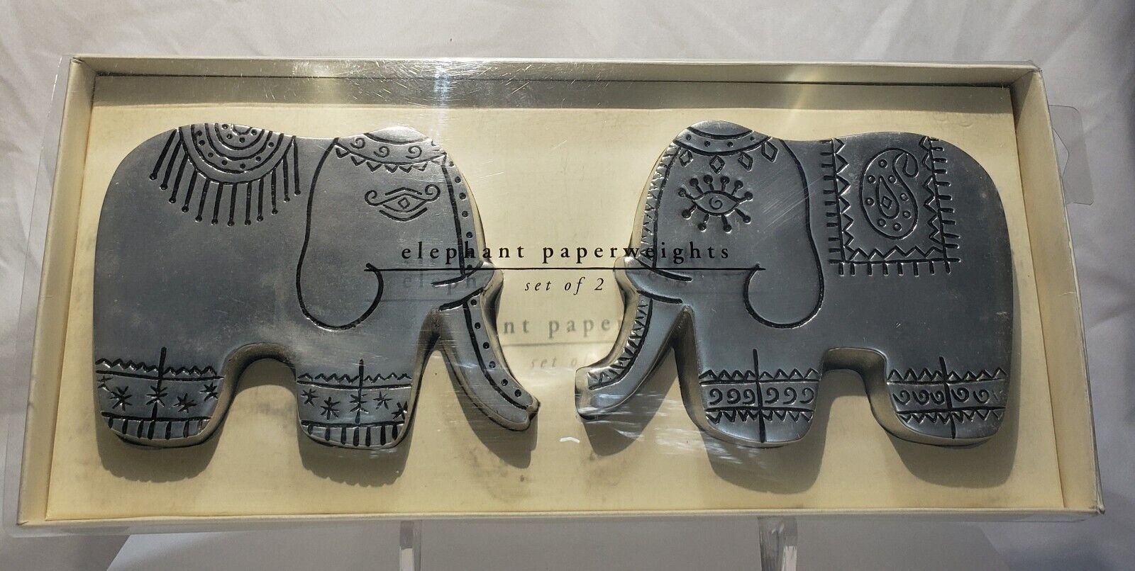 New - Pier 1 Imports 2-Silver-toned Metal Elephant Paperweights Made in India