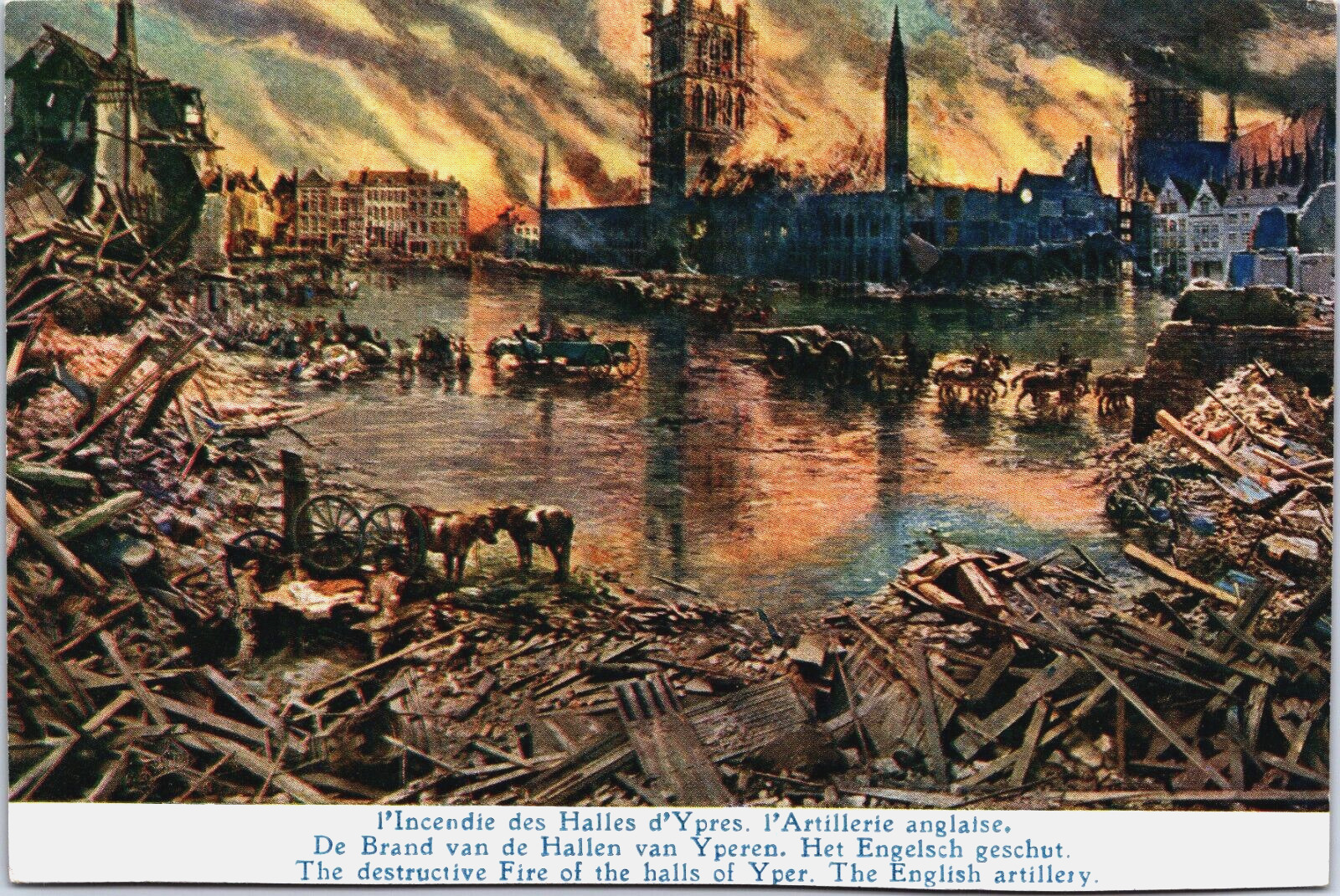 Soldiers Military Destructive Fire Halls of Yper Ypres World War 1 Postcard BP21